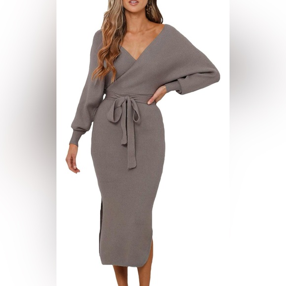Elegant V Neck Wrap Knit Dress - Picture 1 of 6